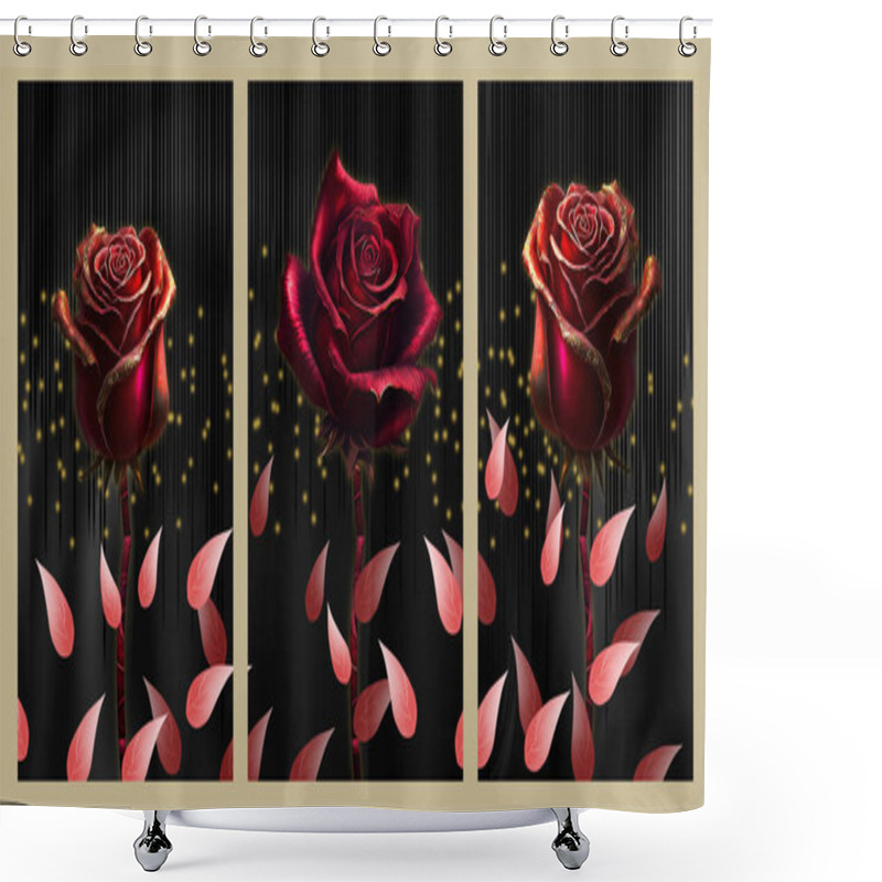 Personality  3d Set Of Three Roses On Golden And Black Background. Golden Leaves Branches, Red Floral Wall Art Frames. Shower Curtains