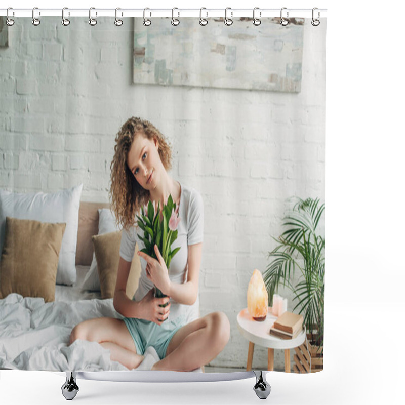 Personality  Curly Girl In Homewear Holding Tulips In Bedroom With Himalayan Salt Lamp Shower Curtains