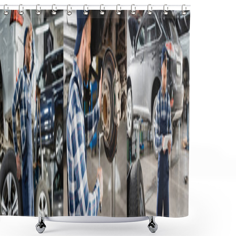 Personality  Collage Of Mechanic Repairing Wheel Hub, Using Digital Tablet, And Resting While Leaning On Wheel, Banner Shower Curtains