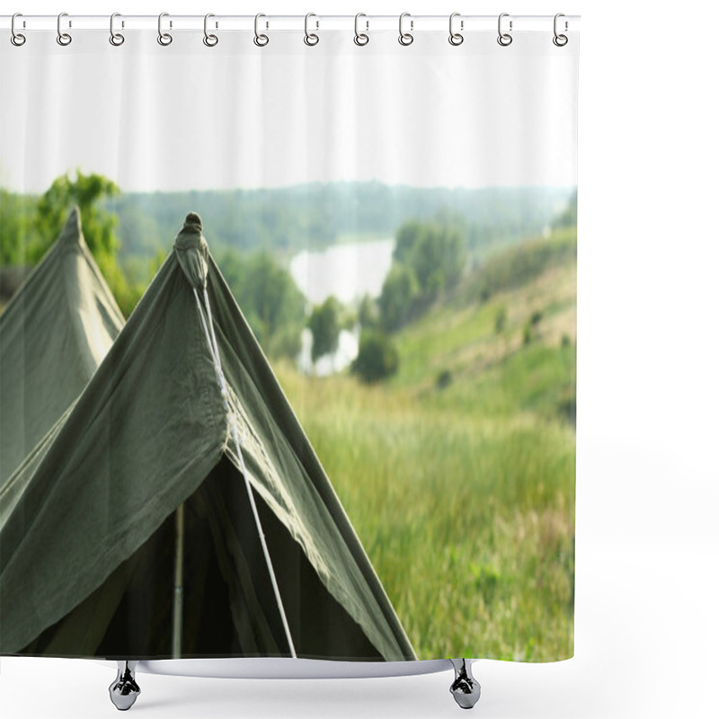 Personality  Camping Tent In Green Field On Sunny Day. Space For Text Shower Curtains