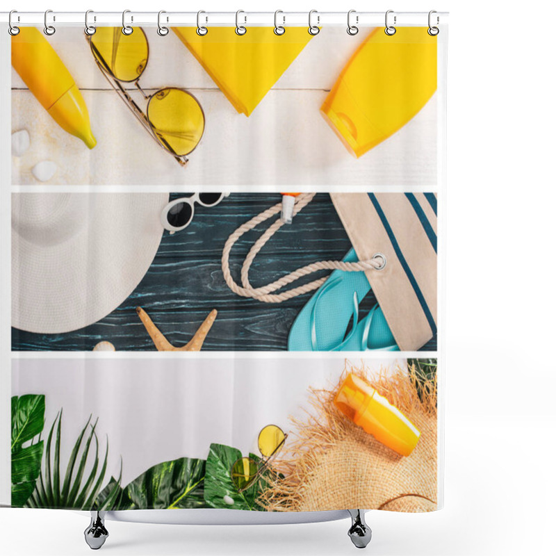 Personality  Collage Of Sunscreens, Green Leaves With Sunglasses And Flip Flops On Wooden Planks And White Surface Shower Curtains