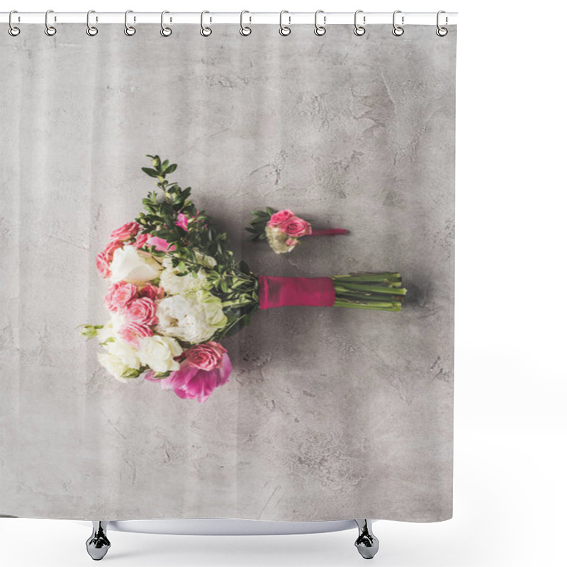 Personality  Top View Of Wedding Bouquet And Boutonniere On Gray Surface Shower Curtains