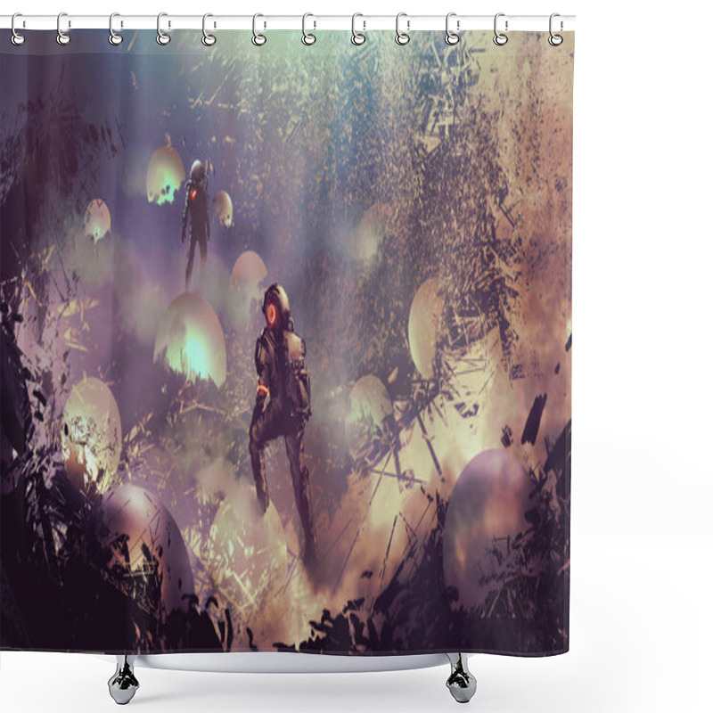 Personality  Astronauts Found Mysterious Glowing Balls, Digital Art Style, Illustration Painting Shower Curtains