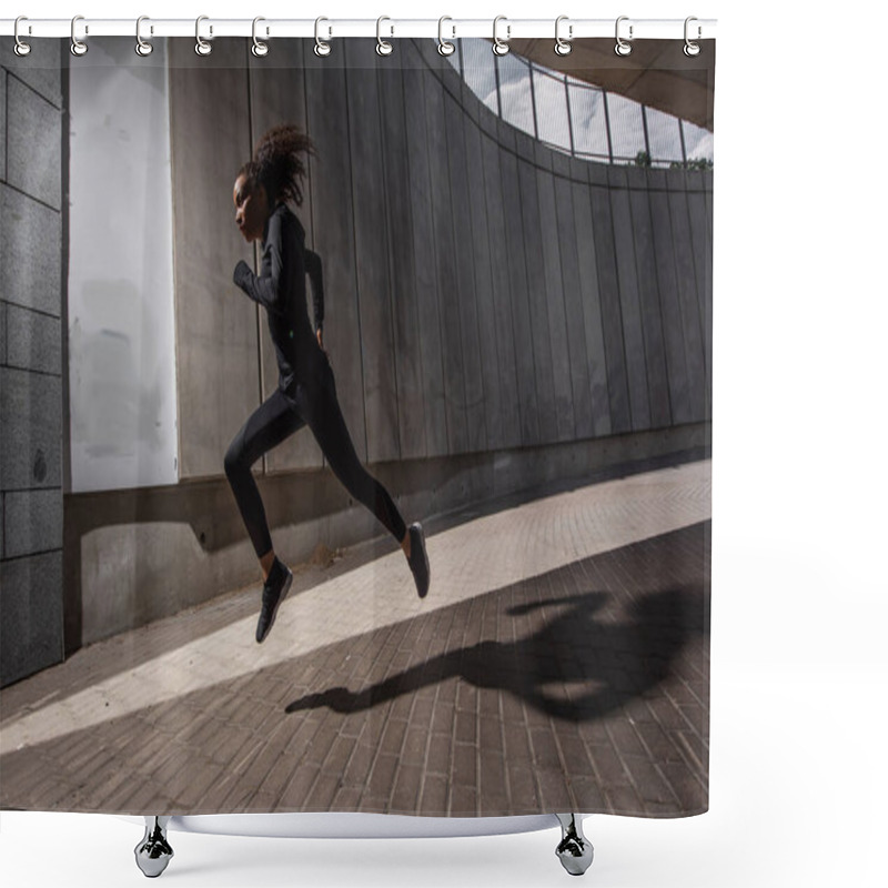 Personality  Side View Of African American Woman Running Near Building With Concrete Facade On Urban Street  Shower Curtains