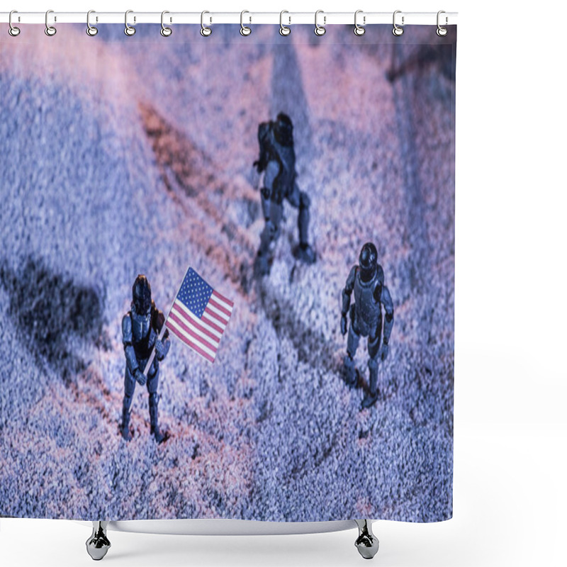 Personality  Overhead View Of Toy Astronauts With American Flag On Cosmic Planet Shower Curtains