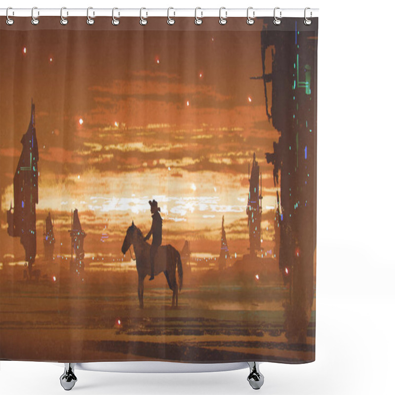 Personality  Man Riding Horse Against Futuristic City In Desert Shower Curtains