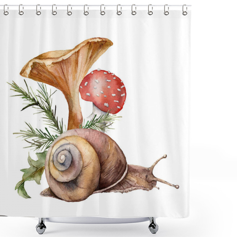 Personality  Watercolor Autumn Composition With Mushrooms And Snail. Hand Painted Amanita Muscaria And Chanterelle Isolated On White Background. Botanical Forest Illustration For Design, Print Or Background. Shower Curtains