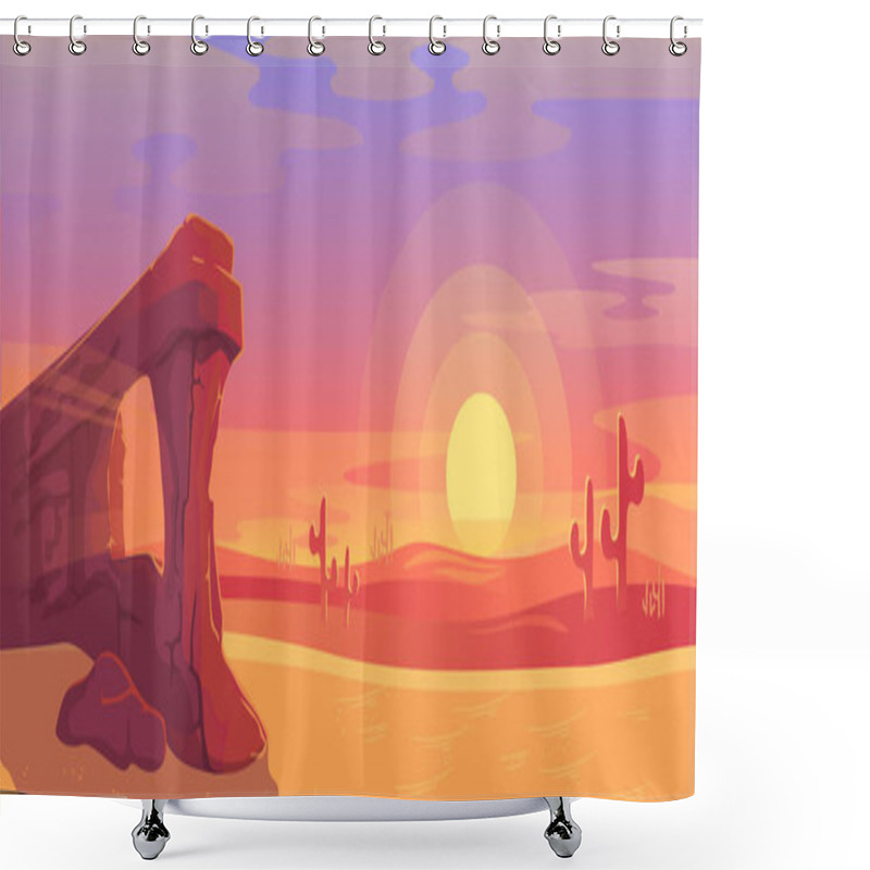 Personality  Desert Landscape Vector Illustration, Cartoon Flat Panoramic Nature Scenery With Dry Sand Land, Sandstone Rock Canyon, Cactuses Silhouettes And Dust Clouds In Red Sunset Sky Shower Curtains