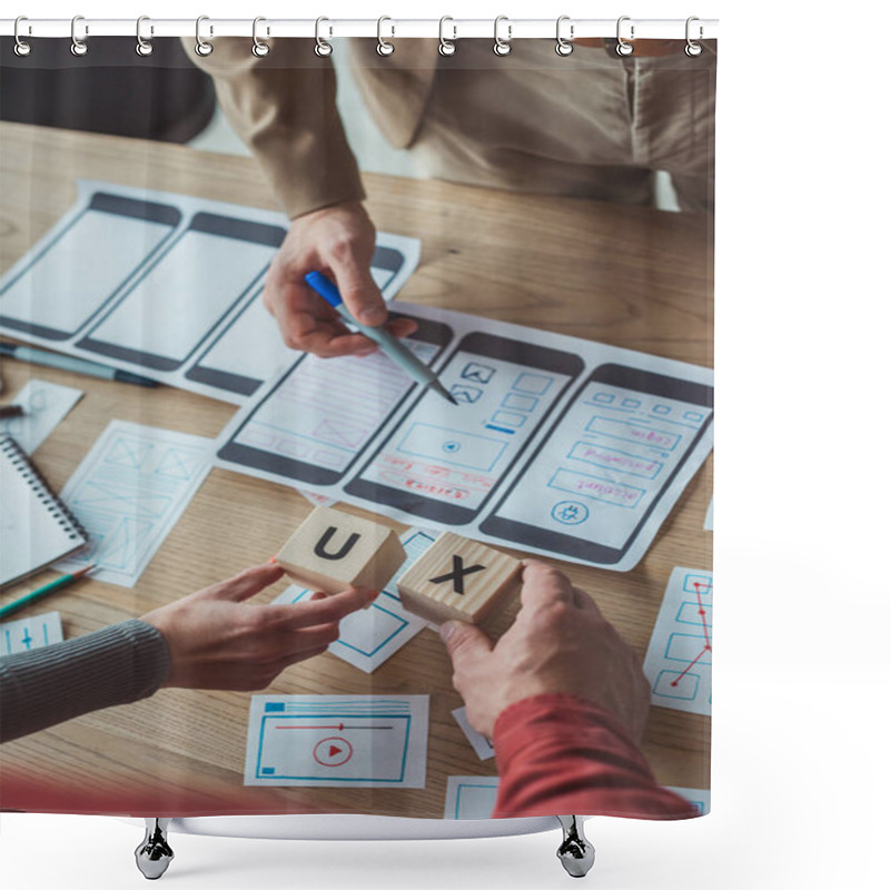 Personality  Cropped View Of Designers Holding Cubes With Ux Letters While Working With Layouts At Table Shower Curtains