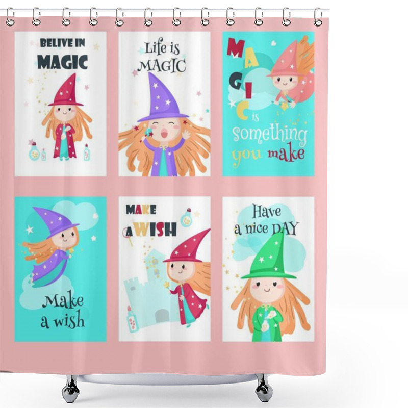 Personality  Vector Set Of Cards With Cute Little Enchantresses Shower Curtains