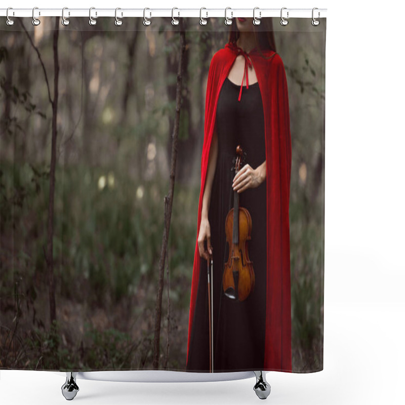 Personality  Cropped View Of Elegant Woman In Red Cloak Holding Violin In Dark Woods Shower Curtains