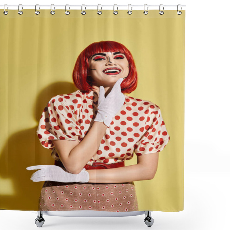 Personality  A Pretty Redhead With Pop Art Makeup, Donning A Polka Dot Shirt And White Gloves On A Vibrant Yellow Backdrop. Shower Curtains