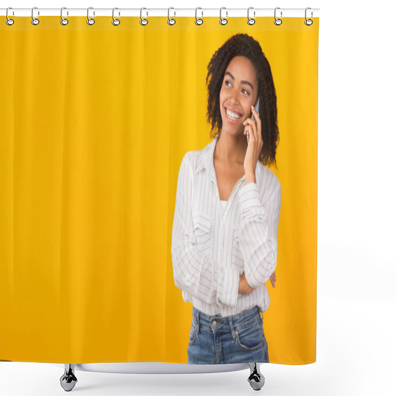 Personality  Happy Afro Model Talking On Mobile Phone Shower Curtains