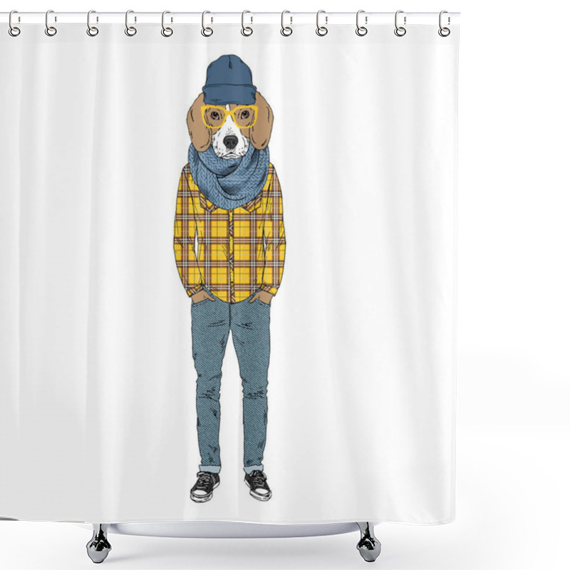 Personality  Beagle Breed Hipster Illustration. Shower Curtains