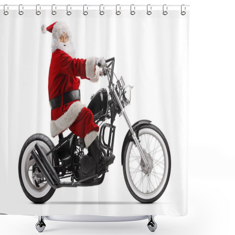 Personality  Santa Claus Riding A Chopper Motorbike Isolated On White Background Shower Curtains