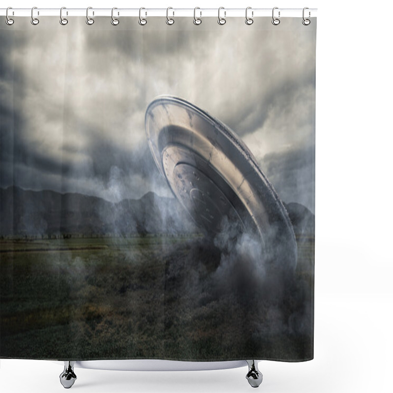 Personality  UFO Crashing On A Crop Field Shower Curtains