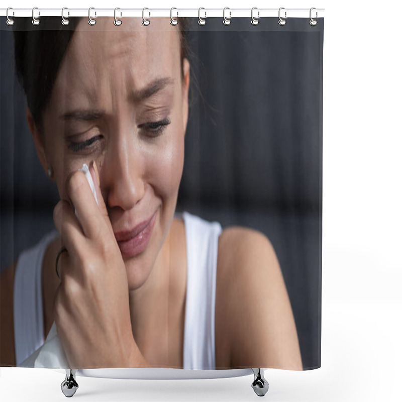 Personality  Upset Young Woman Crying And Wiping Tears At Home Shower Curtains