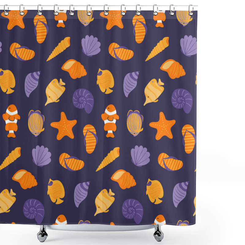 Personality  Hand Drawn Seamless Vector Pattern With Seashells And Starfishes With Coral Reefs And Fishes On Dark Blue Background. Scandinavian Style Flat Design. Concept For Summer Textile Print Shower Curtains