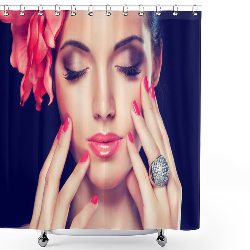 Personality  Beautiful Woman With Trendy Make-up And Manicure Shower Curtains