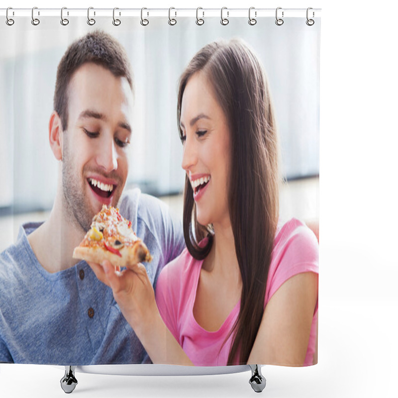 Personality  Young Couple Eating Pizza Shower Curtains