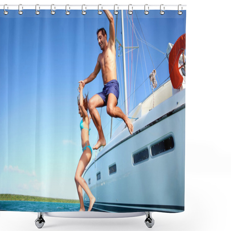 Personality  Young Couple Jumping In Water From Yacht Shower Curtains