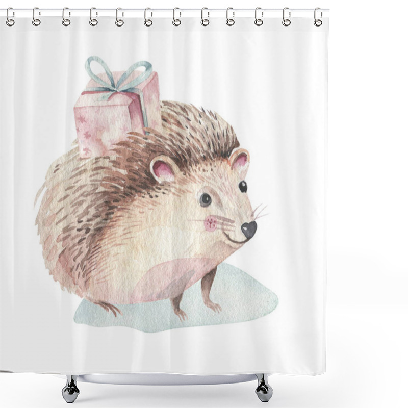 Personality  Set Of Christmas Woodland Forest Baby Cartoon Cute Hedgehog Animal Character. Winter Raccoon Christmas Tree Floral Elements, Bouquets, Berries, Fllowers, Snow And Snowflakes, Poster Shower Curtains