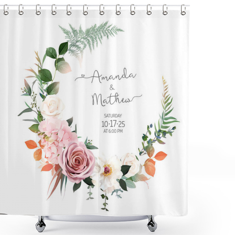 Personality  Blush Pink Roses, Hydrangea, Ivory Peony Vector Design Invitation Frame Shower Curtains