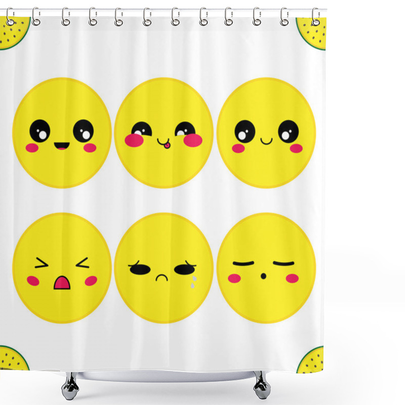 Personality  Vector Icon Set. Simple Smiles With Muzzles. Funny, Cute, Kawaii Shower Curtains