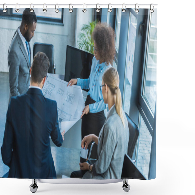 Personality  High Angle View Of Multicultural Businesspeople Looking At Blueprint In Office Shower Curtains