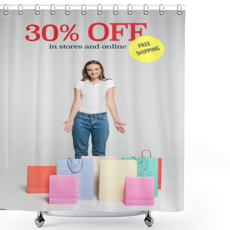 Personality  Young Joyful Woman Standing And Pointing With Hands At Shopping Bags Near Free Shipping Lettering On Grey Shower Curtains