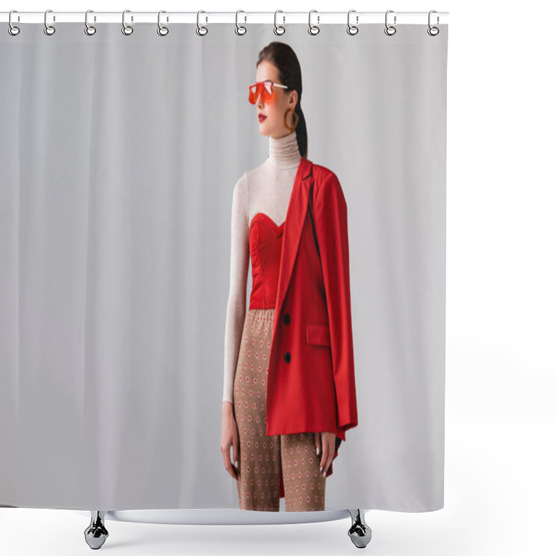 Personality  Beautiful, Stylish Girl In Sunglasses Looking Away While Posing Isolated On Grey Shower Curtains