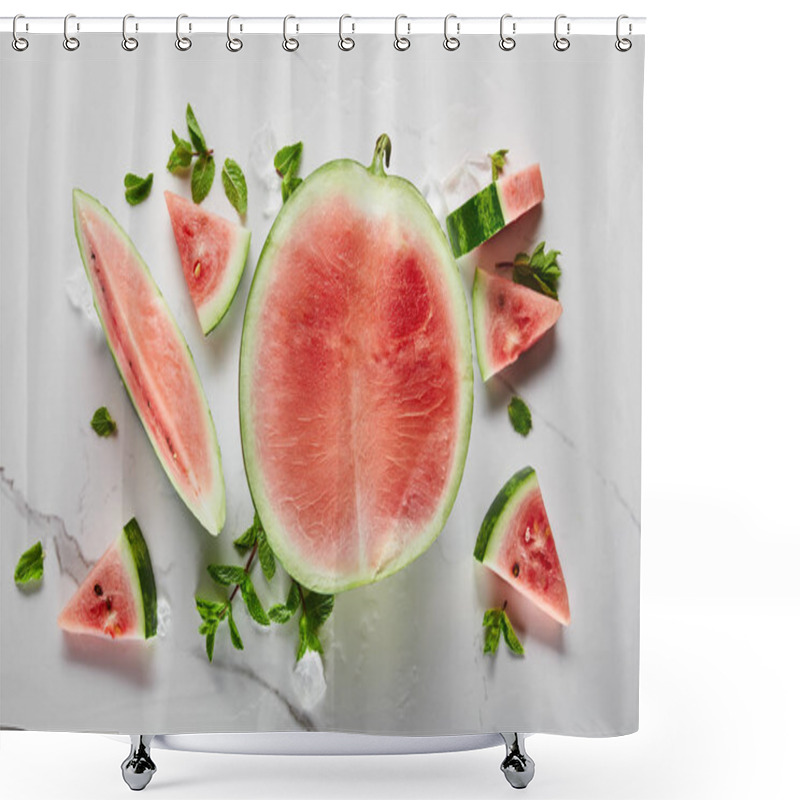 Personality  Top View Of Cut Delicious Exotic Red Watermelon With Seeds On Marble Surface With Ice And Mint Shower Curtains