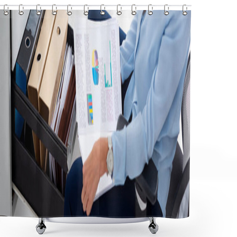 Personality  Cropped View Of Businesswoman Holding Papers With Graphs Near Open Cabinet Driver With Paper Folders, Panoramic Shot  Shower Curtains