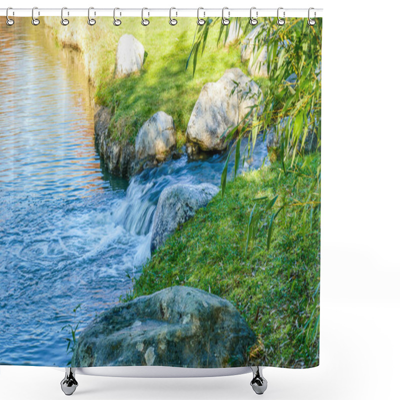 Personality  Zen Japanese Peaceful Waterfall With Rocks Bordered By Bamboo Branches Shower Curtains