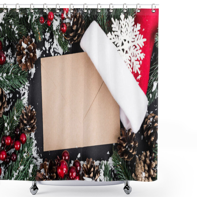 Personality  Top View Of Envelope, Santa Hat And Decorative Snowflake Near Fir Branches And Pine Cones On Black Background Shower Curtains