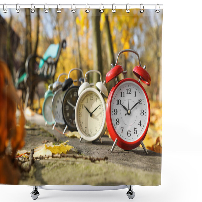 Personality  Alarm Clocks On Paved Pathway In Park At Autumn Shower Curtains