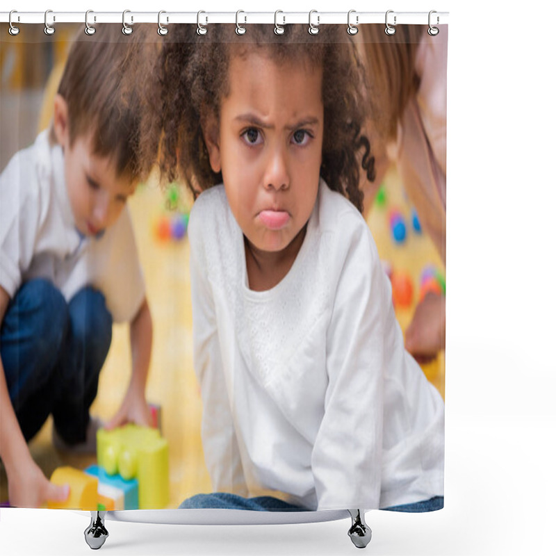 Personality  Dissatisfied African American Kid Grimacing And Looking At Camera In Kindergarten Shower Curtains