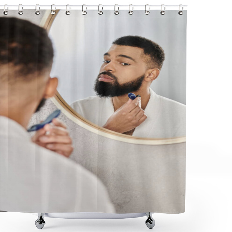 Personality  A Man Carefully Grooms His Beard In A Serene Bathroom Setting. Shower Curtains