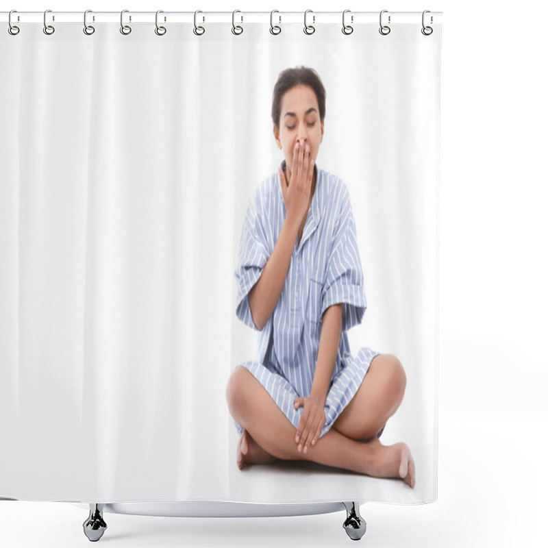 Personality  Sleepy Woman Sitting And Yawning Shower Curtains