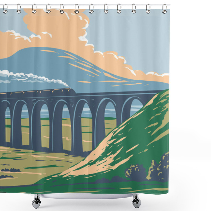 Personality  Art Deco Or WPA Poster Of Steam Train On Railway Over Batty Moss Or Ribblehead Viaduct In Yorkshire Dales National Park, Northern England, United Kingdom Done In Works Project Administration Style. Shower Curtains