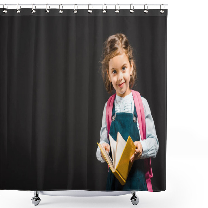 Personality  Cute Schoolgirl With Backpack And Book In Hands Looking At Camera Isolated On Black Shower Curtains