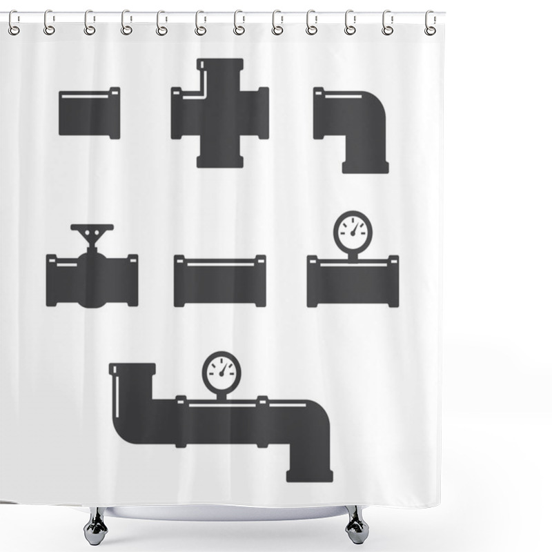 Personality  Pipe Fittings Vector Icons Set. Tube Industry, Construction Pipeline, Drain System, Vector Illustration Shower Curtains