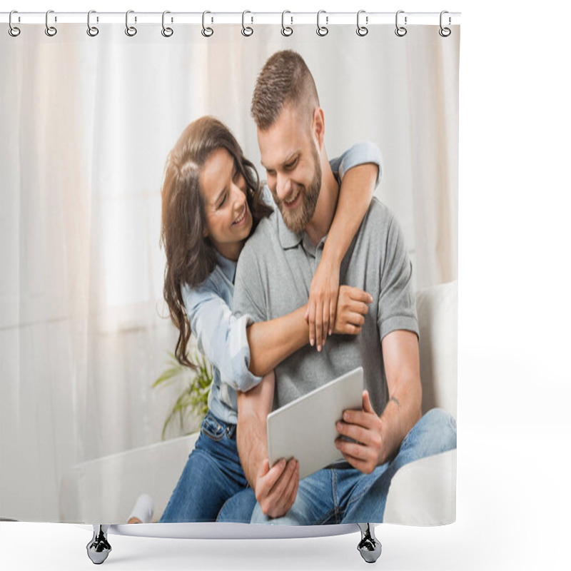 Personality  Couple With Digital Tablet Shower Curtains