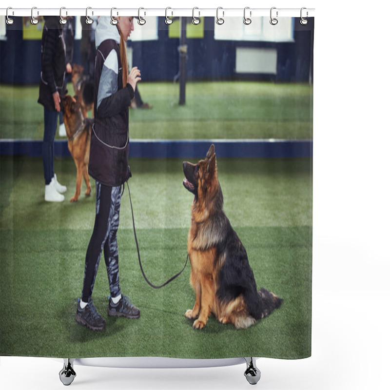 Personality  Professional Trainer Teaching An Obedient Dog The Stay Command Shower Curtains