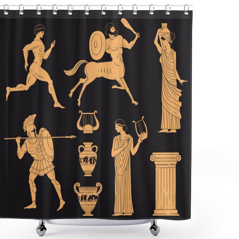 Personality  Ancient Greece Gold Figures Set Terracotta Style, Vector Illustration Isolated. Shower Curtains