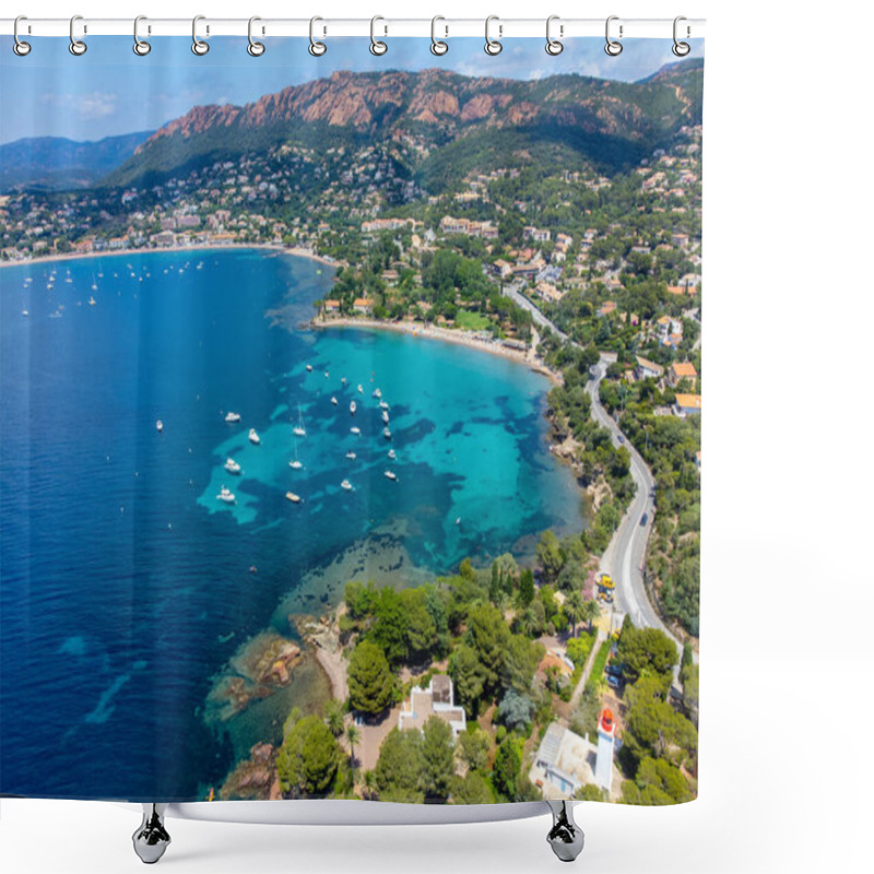 Personality  Panoramic View From Above On Blue Mediterranean Dea, Sandy Beach Of Agay Town, Summer Vacation Destination Near Esterel Red Mountains, French Riviera, Provence. France Shower Curtains