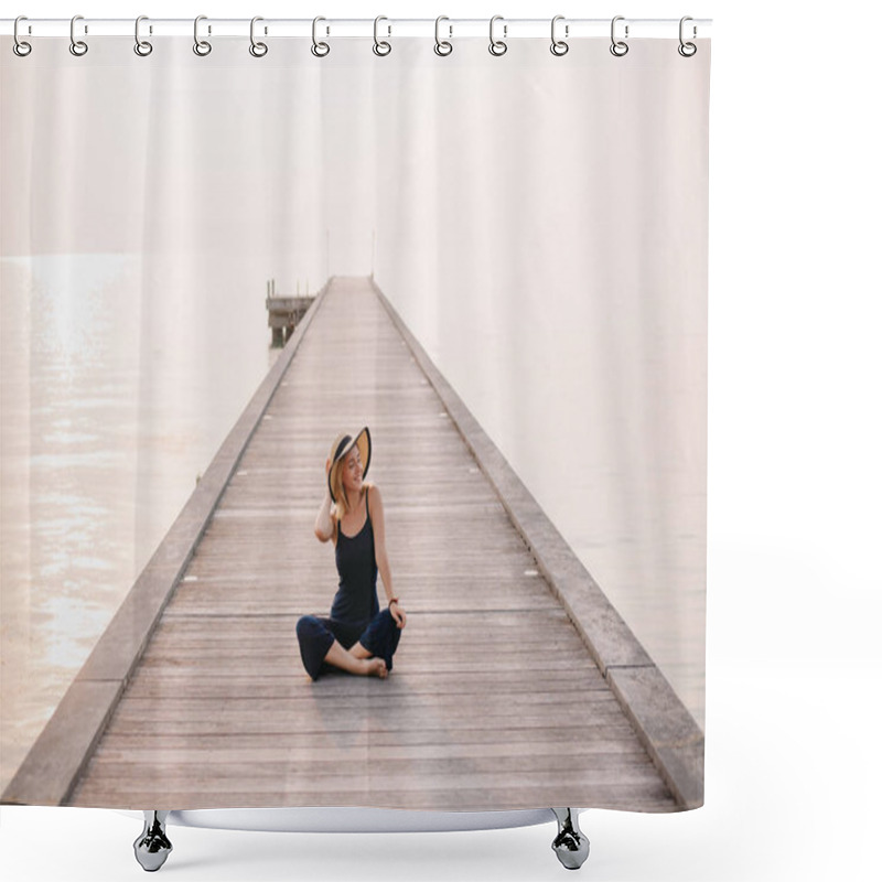 Personality  Happy Beautiful Woman In Hat Sitting On Pier Near Ocean Shower Curtains