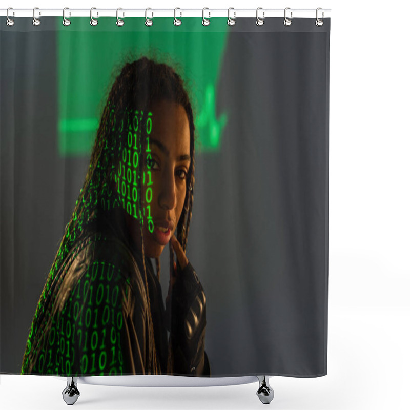 Personality  African American Woman In Leather Jacket With Projection Of Computer Code On Grey Background  Shower Curtains