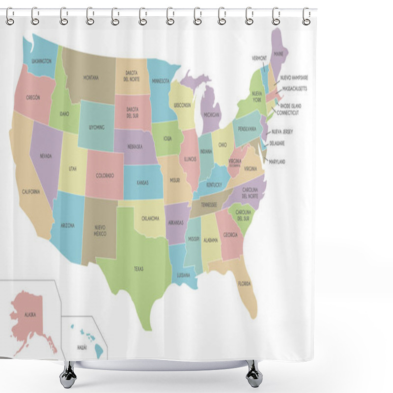 Personality  USA Map Vector Illustration Isolated On White Background With Country Names In Spanish. Editable And Clearly Labeled Layers. Shower Curtains