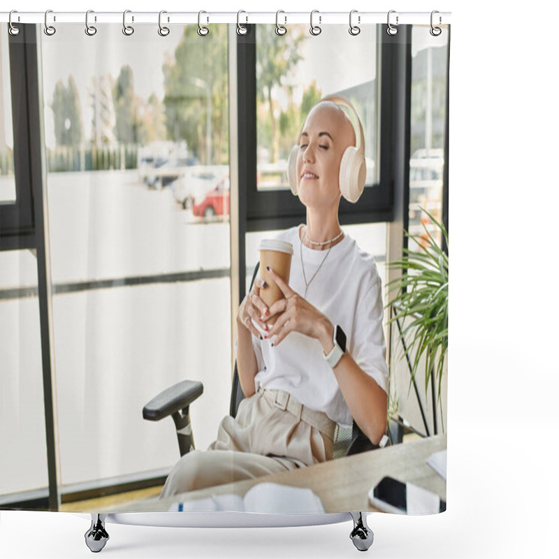 Personality  A Young Bald Woman Enjoys A Drink, Savoring Tranquility In A Chic Environment. Shower Curtains